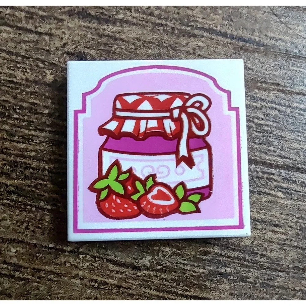 Lego STRAWBERRY JAM 2x2 Printed White Tile Minifig Kitchen Jelly Jar Food Piece